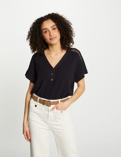 Jersey escote en V manga corta marino mujer