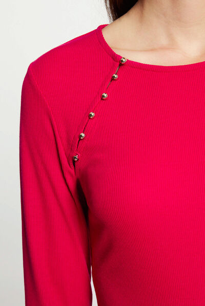 Camiseta manga larga acanalada fucsia mujer