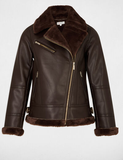 Chaqueta oversize de cuero sint&eacute;tico marr&oacute;n oscuro mujer