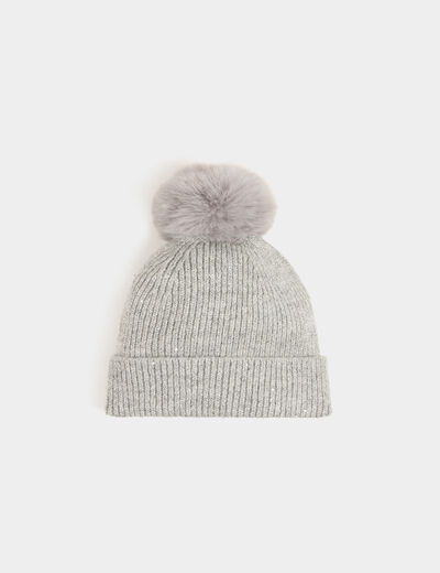 Gorro pompon y lentejuelas gris moyen mujer