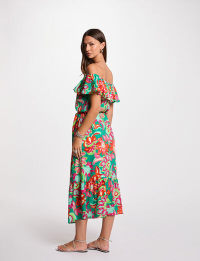 Vestido midi acampanado estampado multicolor mujer