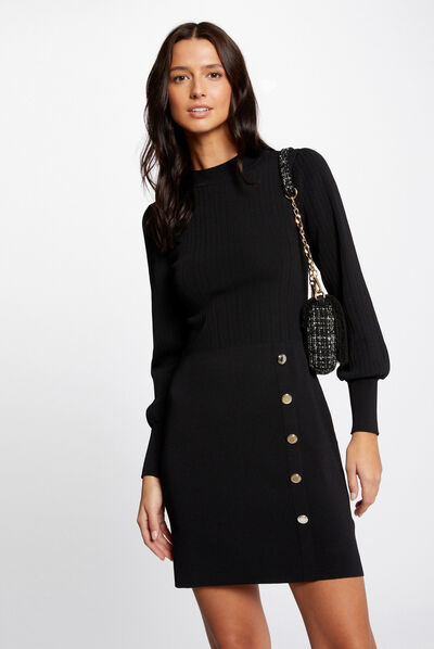 Vestido de punto ajustado con botones negro mujer