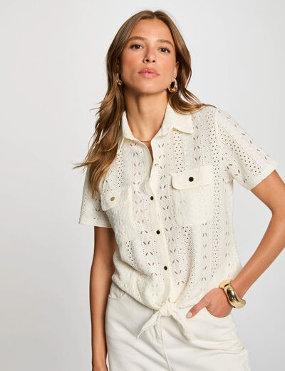 Camisa manga corta marfil mujer