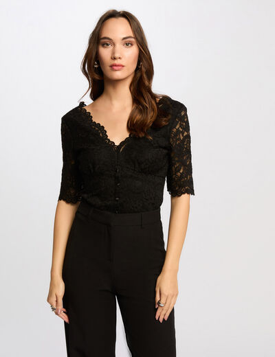Camiseta encaje manga 3/4 negro mujer