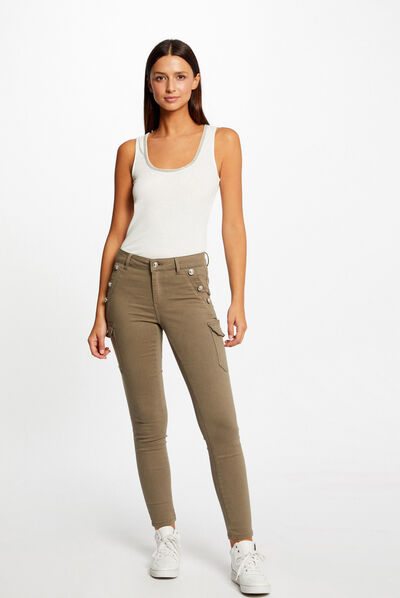 Vaquero cargo skinny con botones verde caqui mujer