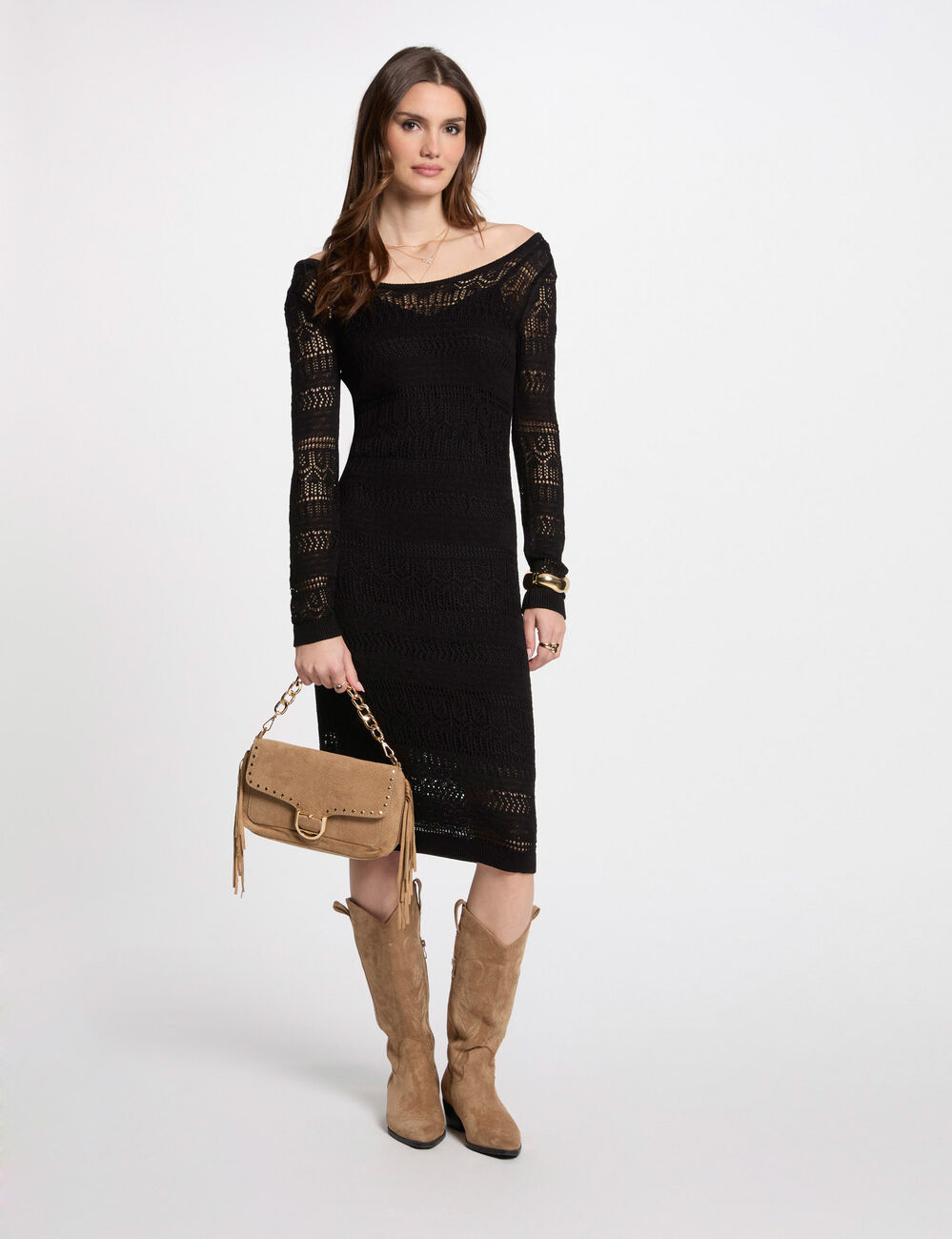Vestido punto largo ajustado negro mujer
