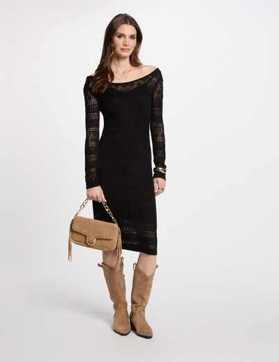 Vestido punto largo ajustado negro mujer
