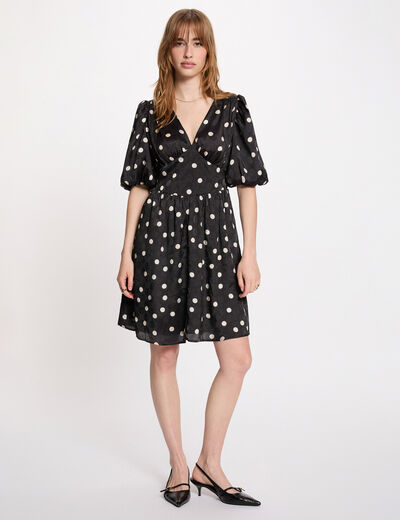Vestido corto con mangas abullonadas negro mujer