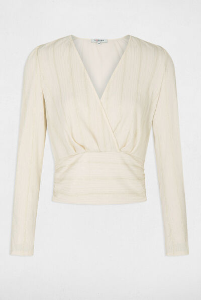 Blusa manga larga con escote cruzado crudo mujer