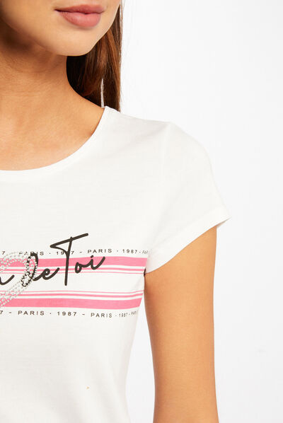 Camiseta de manga corta con mensaje fucsia mujer