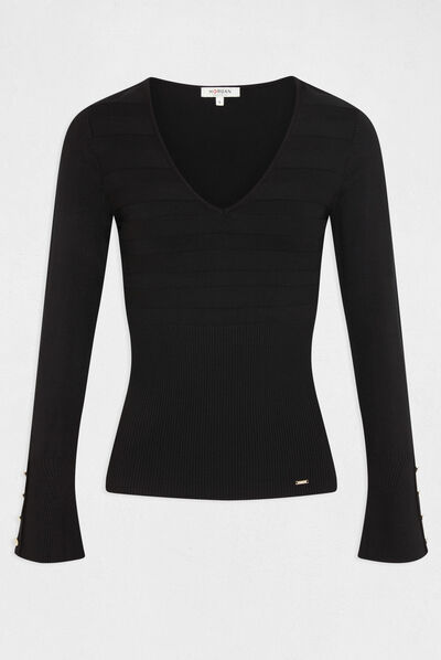 Jersey manga larga con escote en V negro mujer