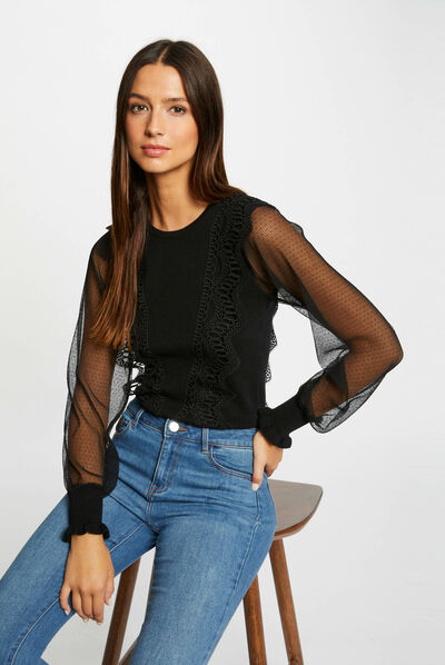 Jersey manga larga con plumeti negro mujer