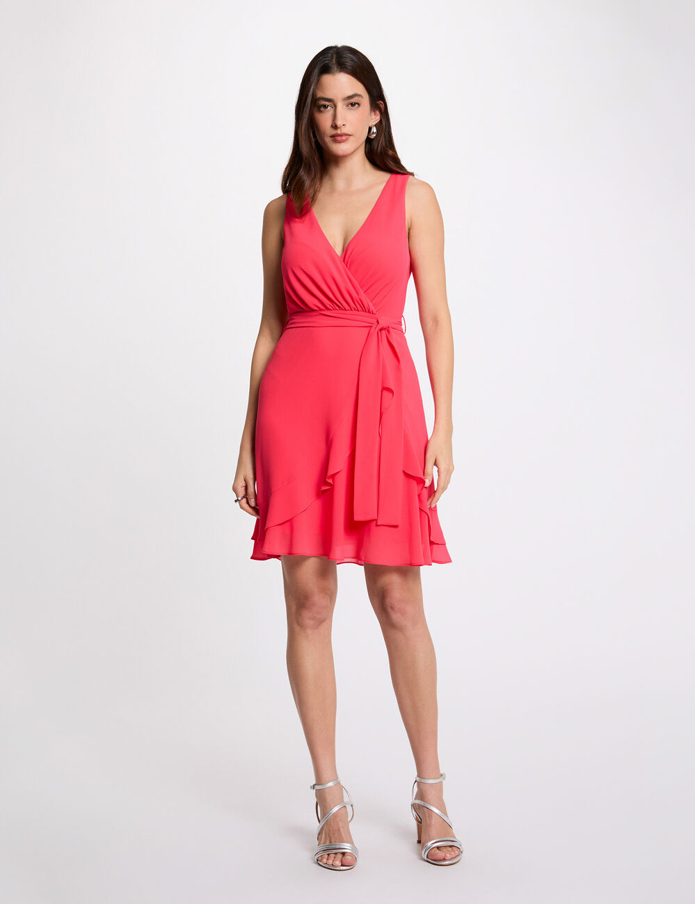Vestido corto cruzado rojo coral mujer