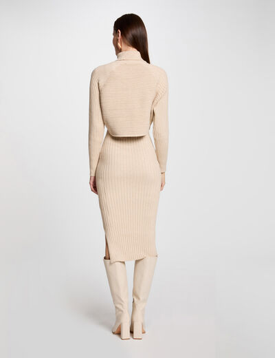 Vestido de punto ajustado efecto 2 en 1 beige mujer