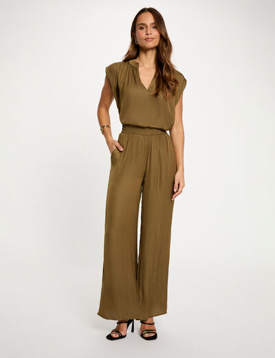 Pantal&oacute;n ancho fluido verde caqui mujer