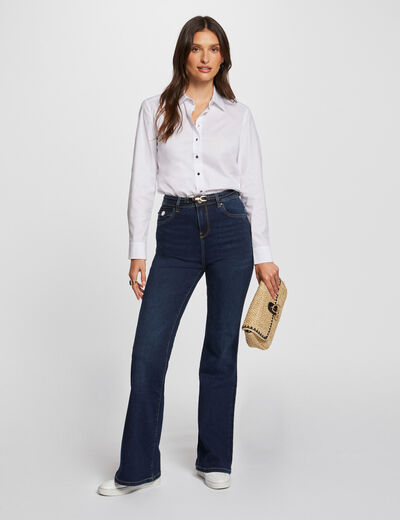 Vaquero flare talle alto denim crudo mujer