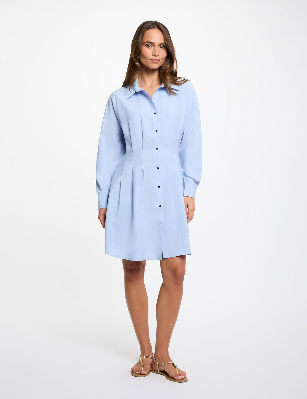 Vestido camisero con pliegues azul cielo mujer