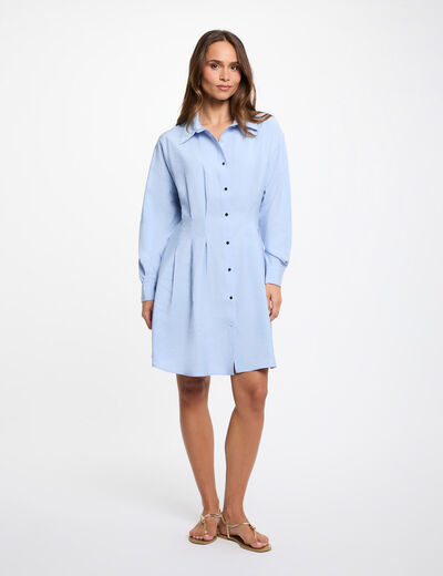 Vestido camisero con pliegues azul cielo mujer