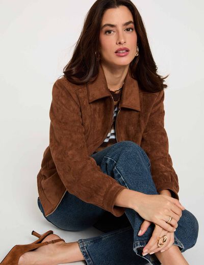 Chaqueta de antelina marr&oacute;n co&ntilde;ac mujer