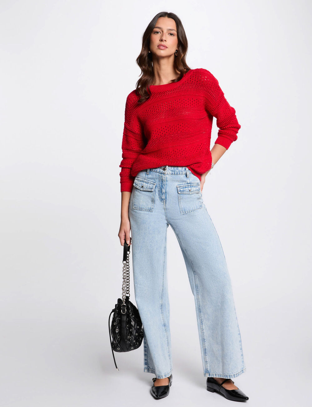 Jersey manga larga calado rojo mujer