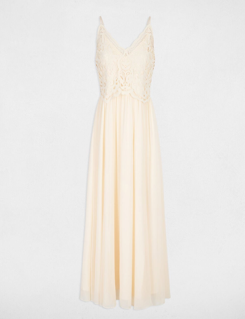 Vestido largo de encaje creme mujer