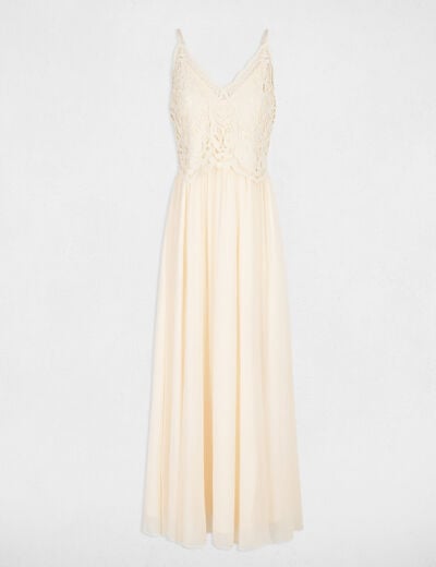 Vestido largo de encaje creme mujer
