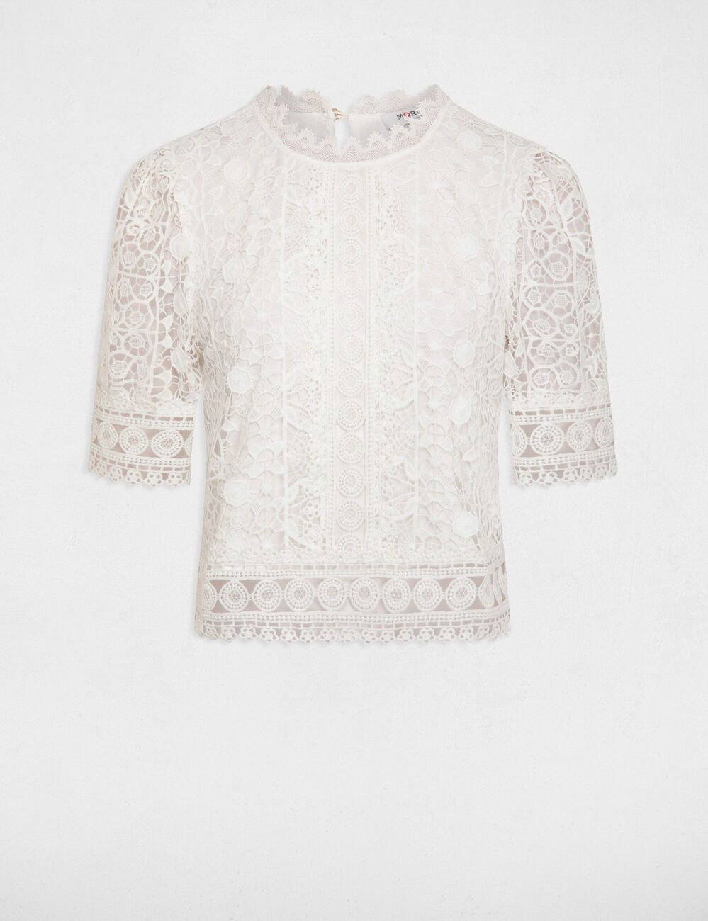 Blusa manga corta con encaje marfil mujer