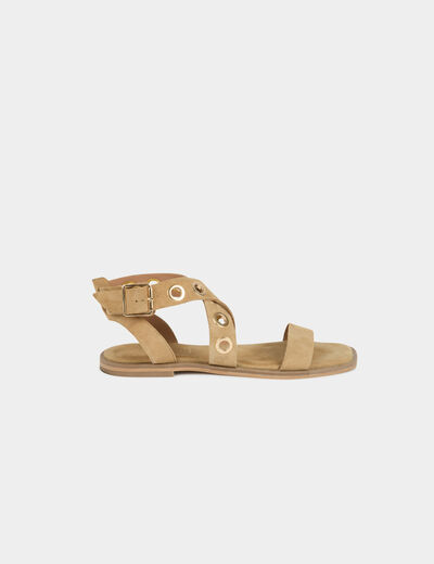 Sandalias planas de ante beige mujer