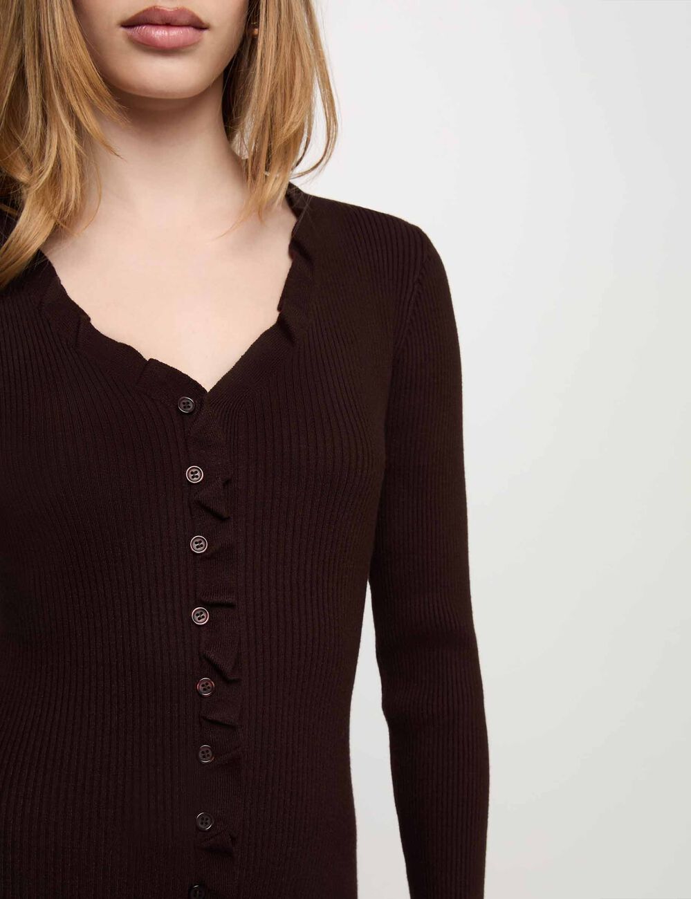 Vestido largo de punto con cuello v marr&oacute;n oscuro mujer