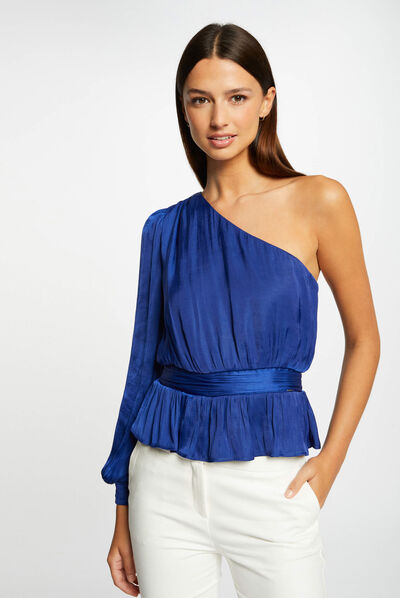Blusa asimétrica rizada azul eléctrico mujer