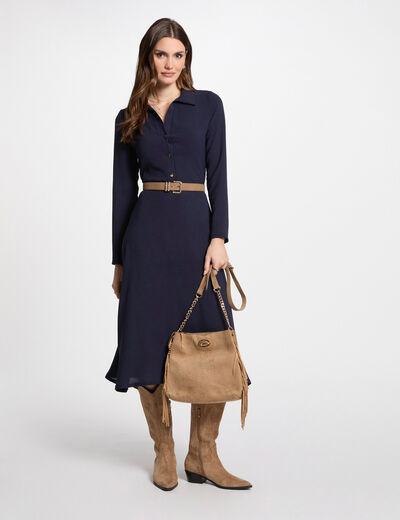 Vestido midi recto holgado azul marino mujer
