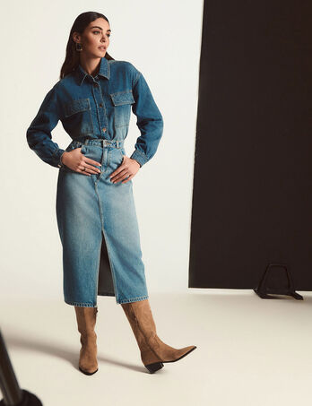 Falda midi recta de vaquero denim stone mujer