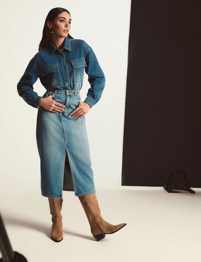 Falda midi recta de vaquero denim stone mujer