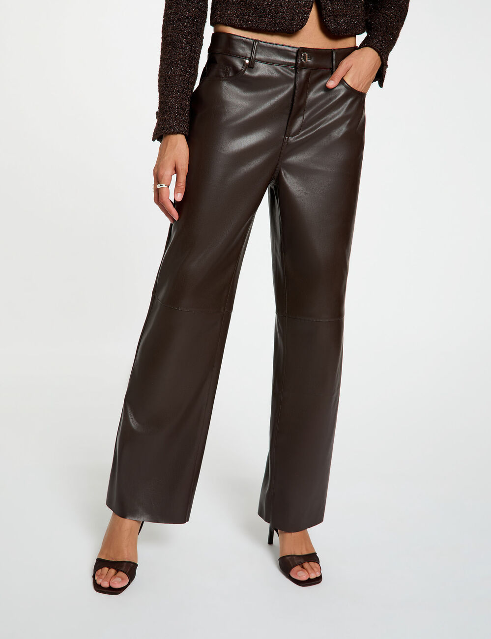 Pantal&oacute;n bootcut de cuero sint&eacute;tico marr&oacute;n oscuro mujer