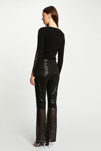 Pantalón pernera ancha con lentejuelas negro mujer