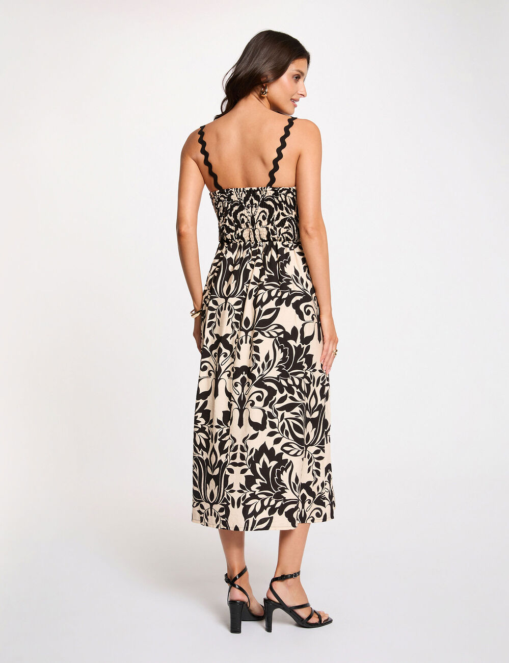 Vestido midi con escote cuadrado negro mujer