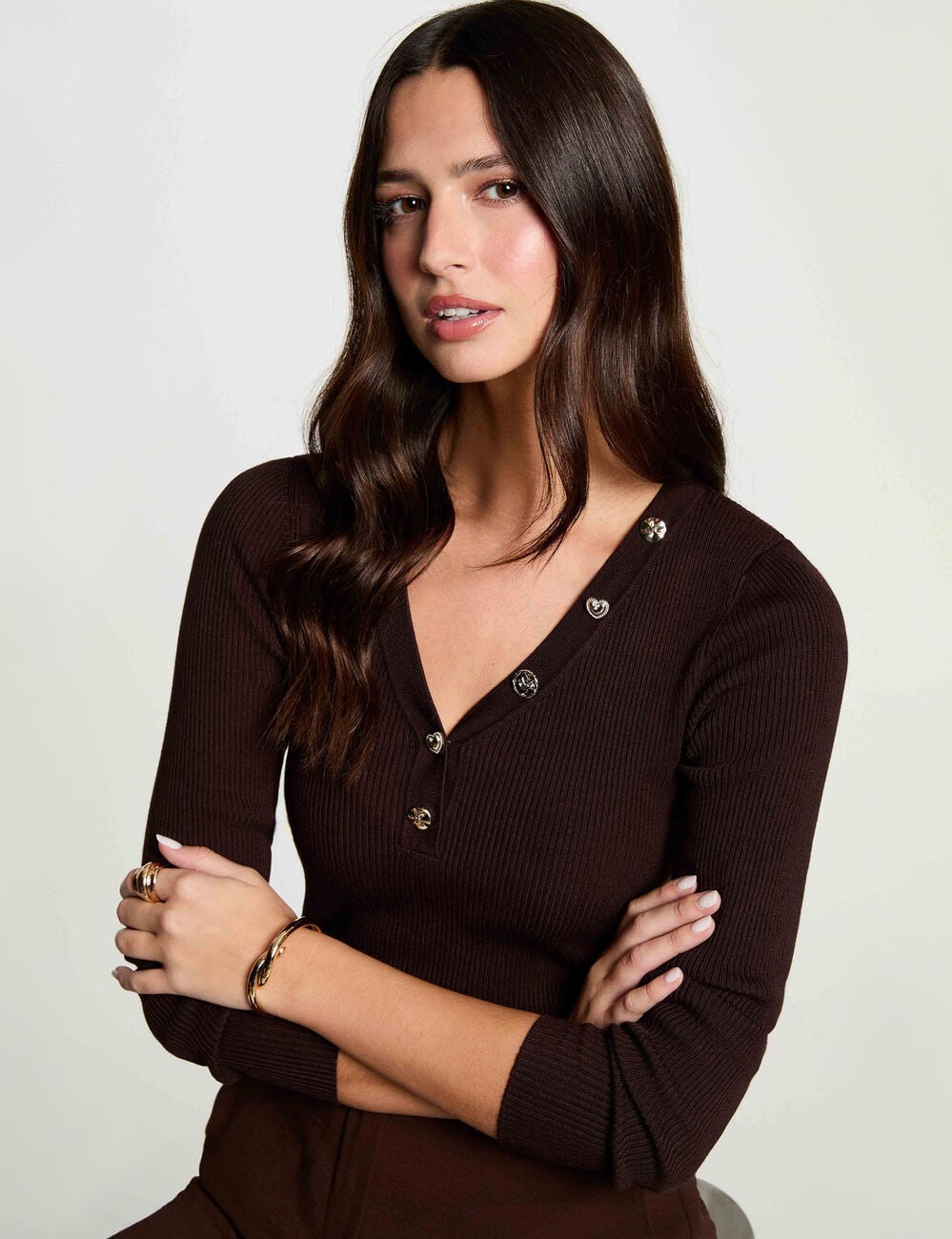 Jersey cuello v fantas&iacute;a marr&oacute;n oscuro mujer