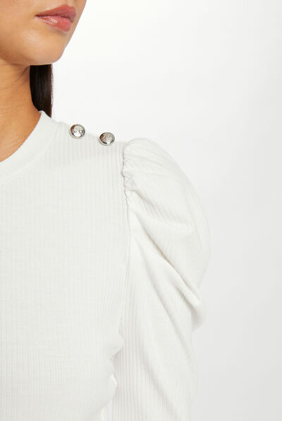 Camiseta manga larga acanalada crudo mujer