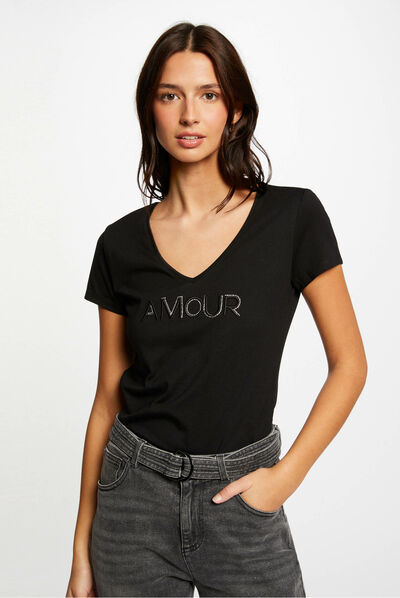 Camiseta de manga corta con mensaje negro mujer