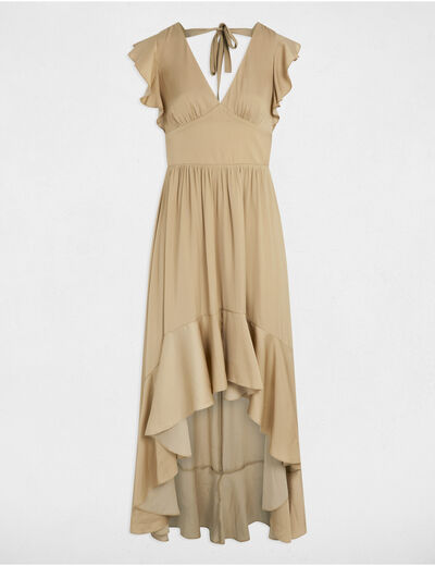 Vestido largo recto de satén beige mujer