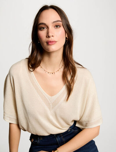 Jersey escote en V manga corta marfil mujer