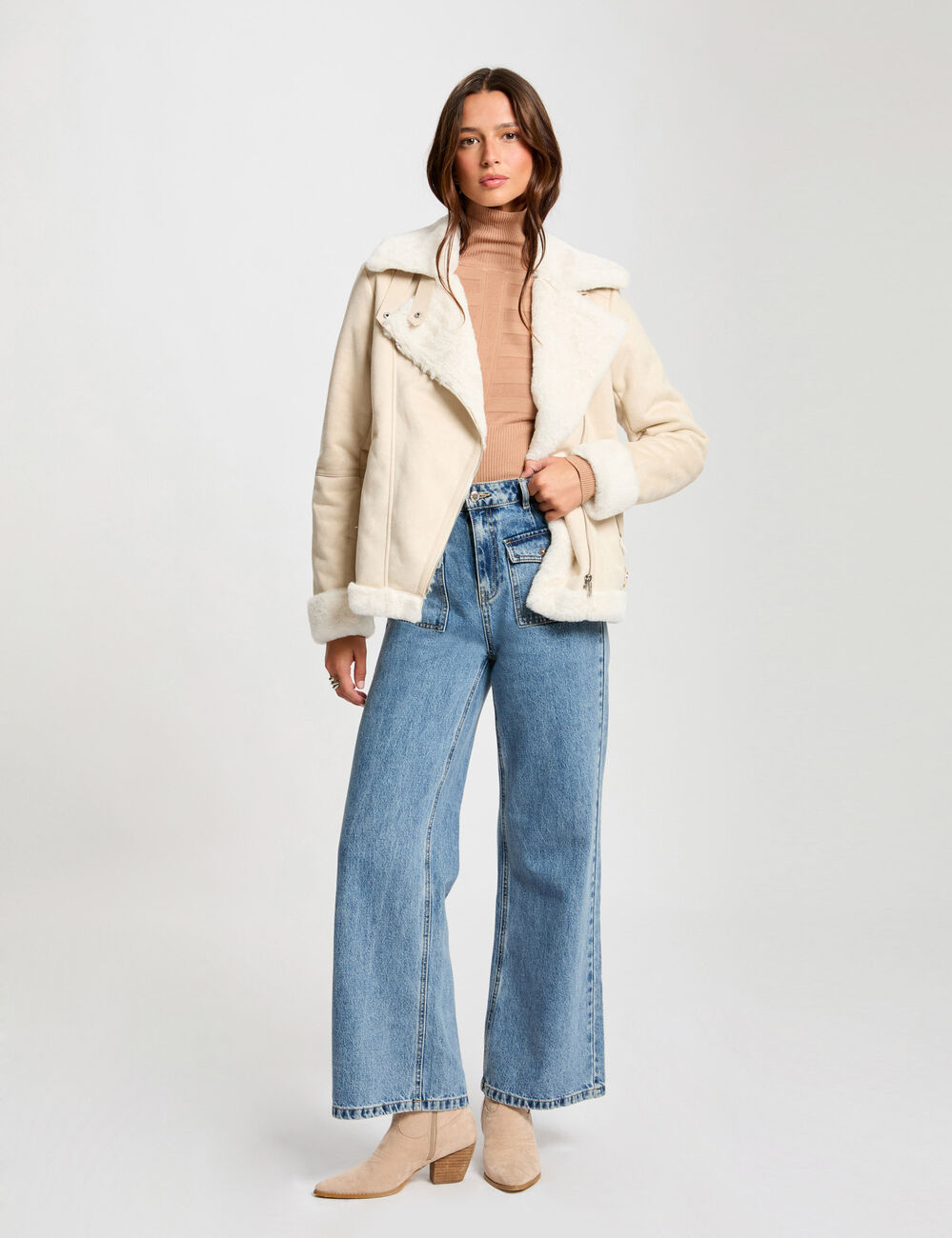 Chaqueta de antelina marfil mujer