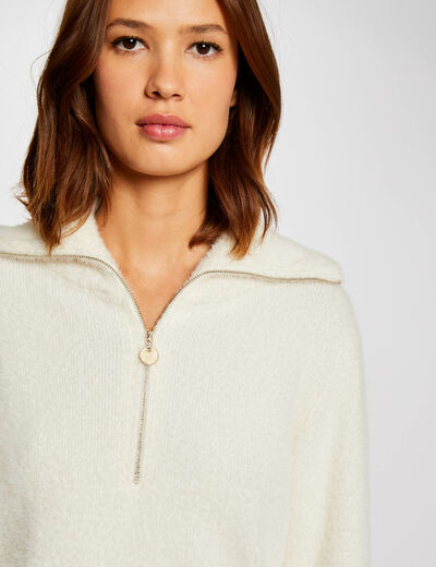 Jersey manga larga cuello con cremallera marfil mujer