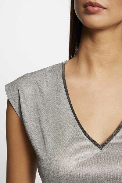 Camiseta metalizada manga corta plateado mujer