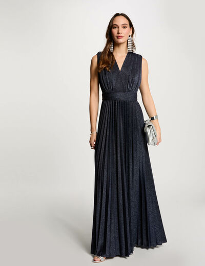 Vestido largo recto plisado azul marino mujer