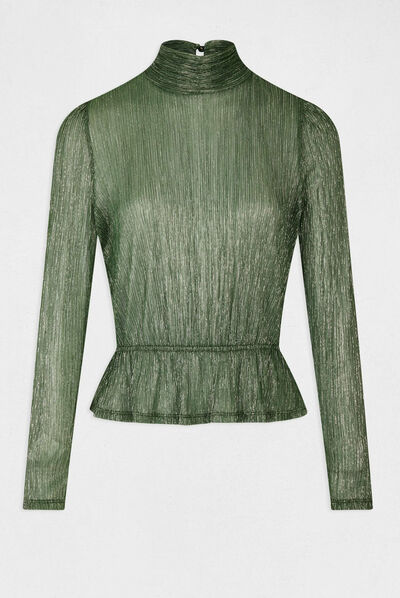 Camiseta manga larga metalizada verde mujer