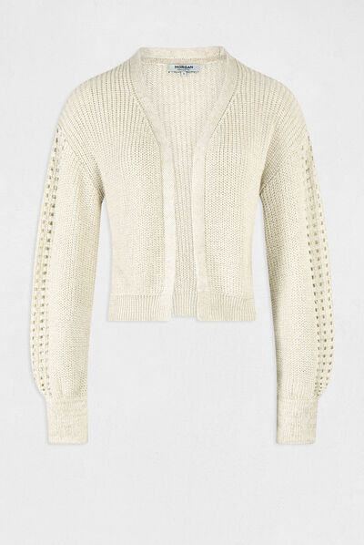 Cárdigan manga larga detalles calados beige mujer