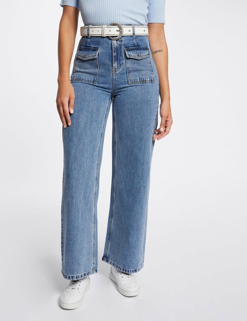 Vaquero pernera ancha talle alto denim doble stone mujer