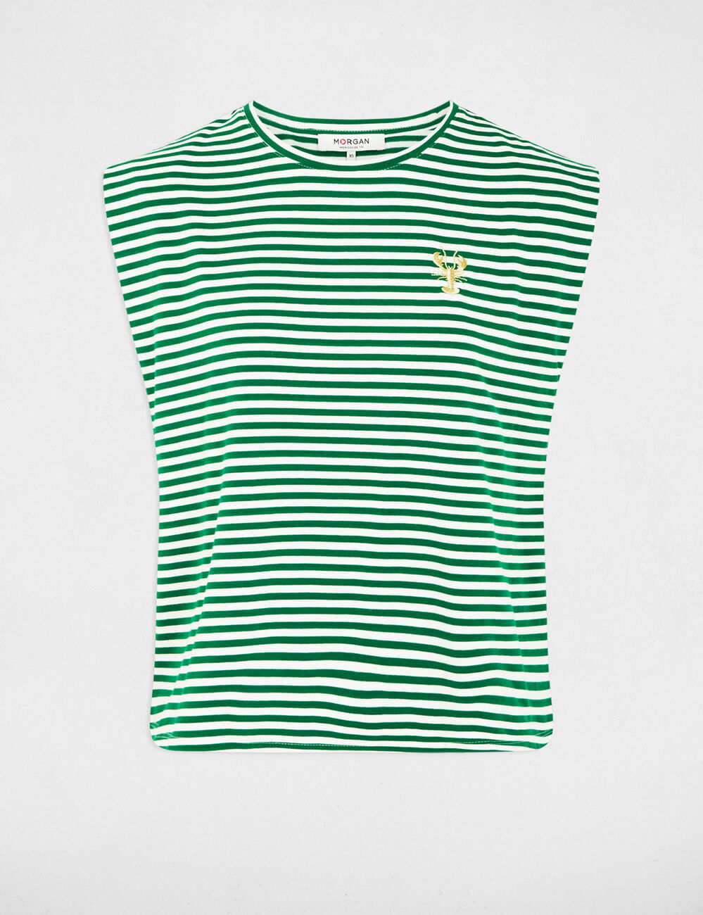 Camiseta de rayas bordada verde pradera mujer