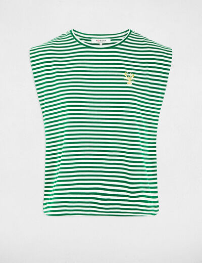 Camiseta de rayas bordada verde pradera mujer